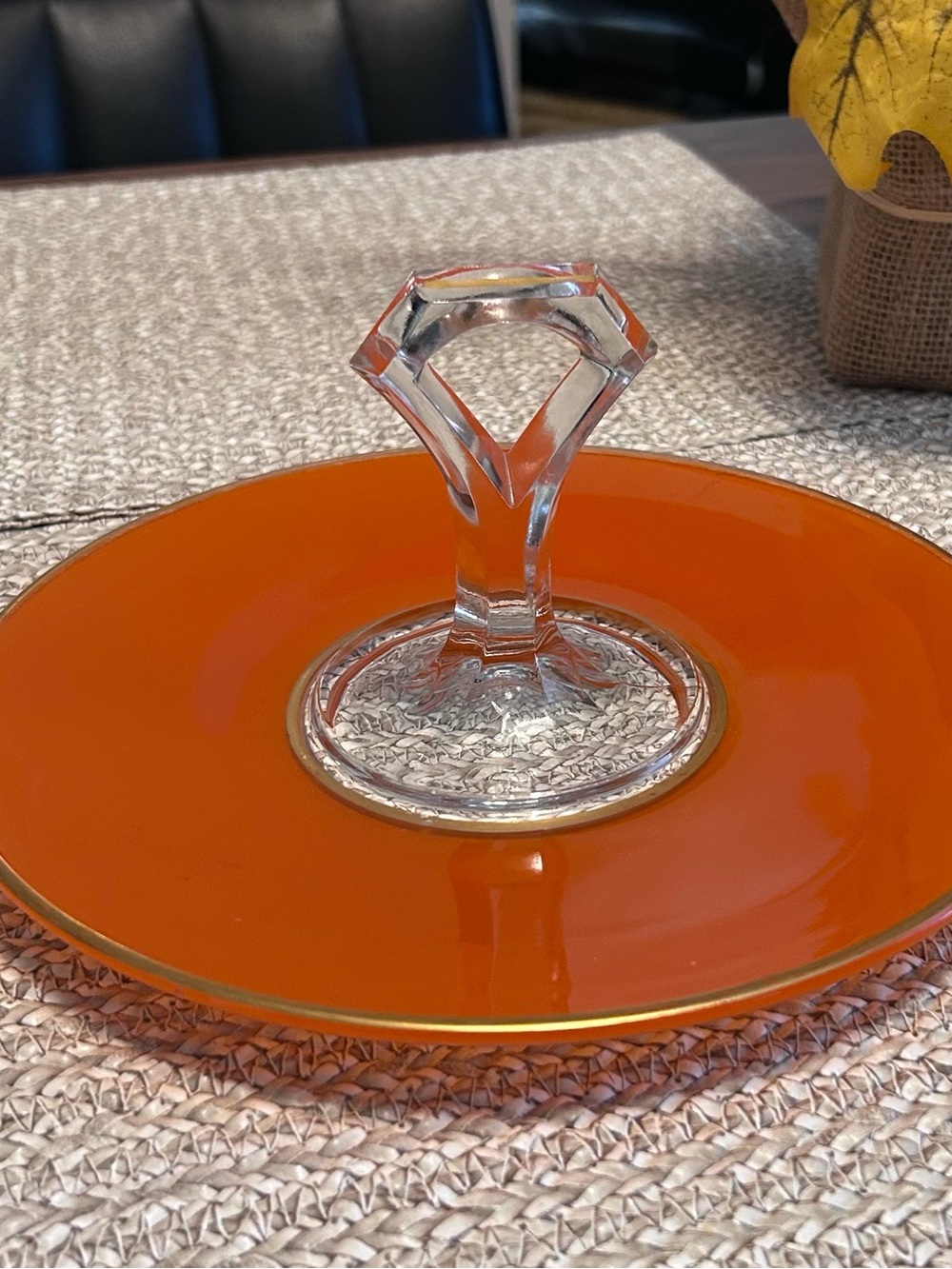 Vintage Orange Glass Pedestal Plate
Gold Rim MCM